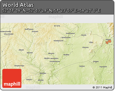 Physical 3D Map of the Area around 52° 30' 23" N, 57° 52' 30" E