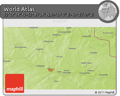 Physical 3D Map of the Area around 52° 30' 23" N, 60° 25' 29" E