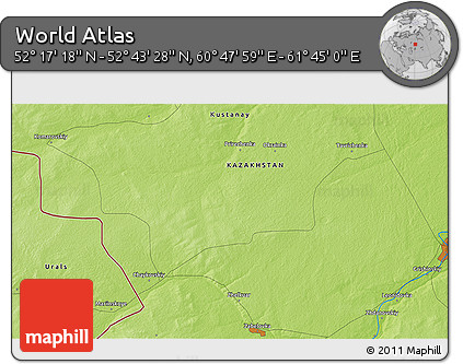 Physical 3D Map of the Area around 52° 30' 23" N, 61° 16' 29" E