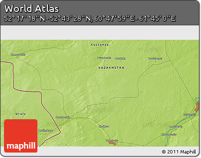 Physical 3D Map of the Area around 52° 30' 23" N, 61° 16' 29" E