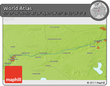 Physical 3D Map of the Area around 52° 30' 23" N, 62° 7' 30" E
