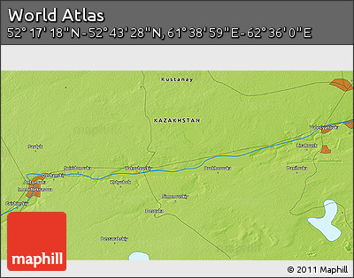 Physical 3D Map of the Area around 52° 30' 23" N, 62° 7' 30" E
