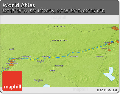 Physical 3D Map of the Area around 52° 30' 23" N, 62° 7' 30" E