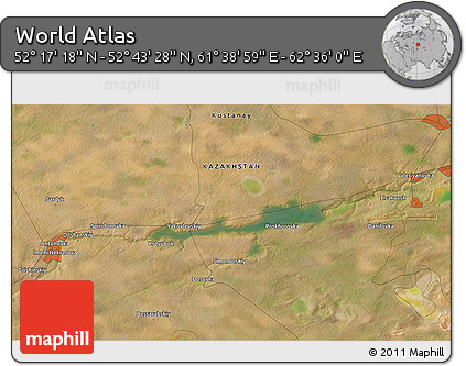 Satellite 3D Map of the Area around 52° 30' 23" N, 62° 7' 30" E