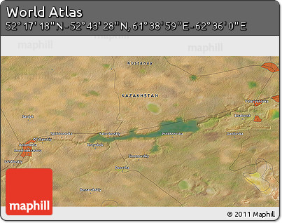 Satellite 3D Map of the Area around 52° 30' 23" N, 62° 7' 30" E