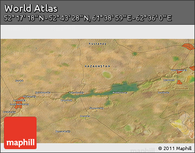 Satellite 3D Map of the Area around 52° 30' 23" N, 62° 7' 30" E