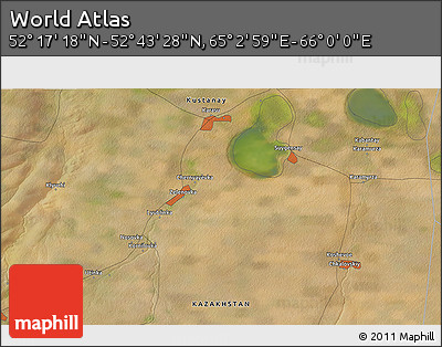 Satellite 3D Map of the Area around 52° 30' 23" N, 65° 31' 30" E
