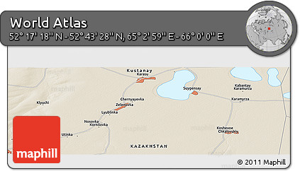 Shaded Relief Panoramic Map of the Area around 52° 30' 23" N, 65° 31' 30" E