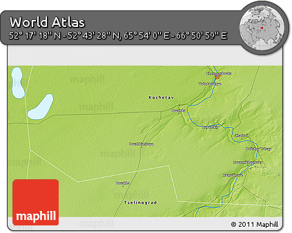Physical 3D Map of the Area around 52° 30' 23" N, 66° 22' 30" E