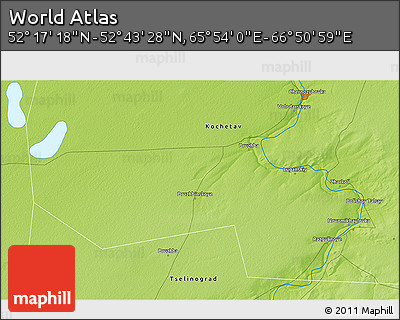 Physical 3D Map of the Area around 52° 30' 23" N, 66° 22' 30" E