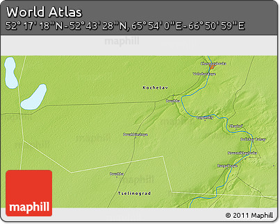 Physical 3D Map of the Area around 52° 30' 23" N, 66° 22' 30" E
