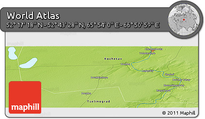 Physical Panoramic Map of the Area around 52° 30' 23" N, 66° 22' 30" E