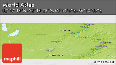 Physical Panoramic Map of the Area around 52° 30' 23" N, 66° 22' 30" E