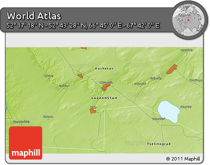 Physical 3D Map of the Area around 52° 30' 23" N, 67° 13' 29" E