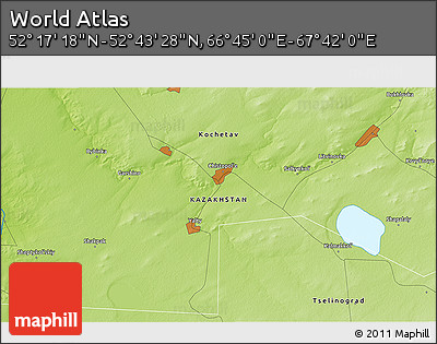 Physical 3D Map of the Area around 52° 30' 23" N, 67° 13' 29" E
