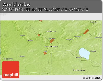 Physical 3D Map of the Area around 52° 30' 23" N, 67° 13' 29" E
