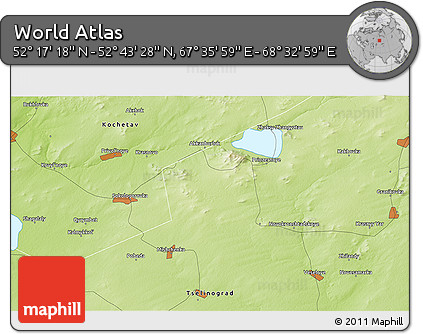 Physical 3D Map of the Area around 52° 30' 23" N, 68° 4' 29" E