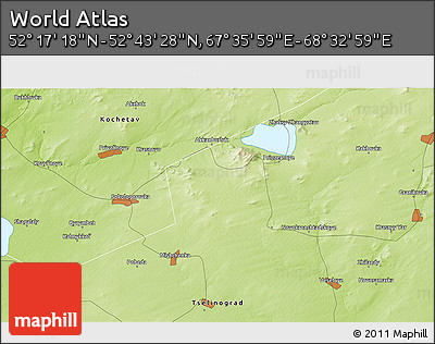 Physical 3D Map of the Area around 52° 30' 23" N, 68° 4' 29" E