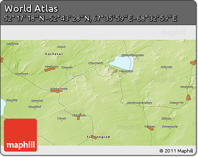 Physical 3D Map of the Area around 52° 30' 23" N, 68° 4' 29" E