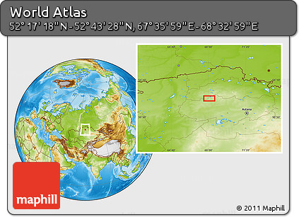 Physical Location Map of the Area around 52° 30' 23" N, 68° 4' 29" E