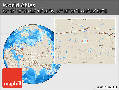Shaded Relief Location Map of the Area around 52° 30' 23" N, 68° 4' 29" E