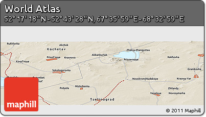 Shaded Relief Panoramic Map of the Area around 52° 30' 23" N, 68° 4' 29" E