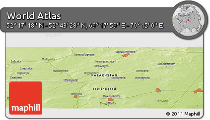 Physical Panoramic Map of the Area around 52° 30' 23" N, 69° 46' 30" E