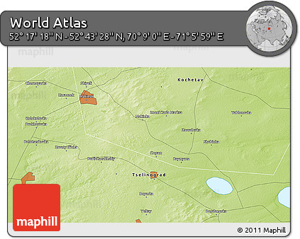 Physical 3D Map of the Area around 52° 30' 23" N, 70° 37' 30" E