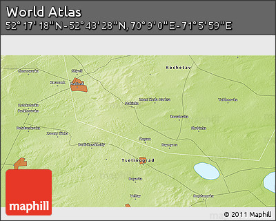 Physical 3D Map of the Area around 52° 30' 23" N, 70° 37' 30" E