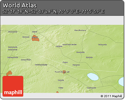 Physical 3D Map of the Area around 52° 30' 23" N, 70° 37' 30" E