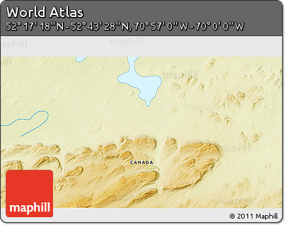Physical 3D Map of the Area around 52° 30' 23" N, 70° 28' 29" W