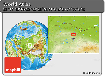 Physical Location Map of the Area around 52° 30' 23" N, 71° 28' 29" E