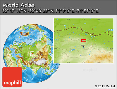 Physical Location Map of the Area around 52° 30' 23" N, 71° 28' 29" E