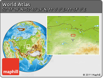Physical Location Map of the Area around 52° 30' 23" N, 71° 28' 29" E