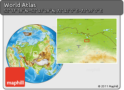 Physical Location Map of the Area around 52° 30' 23" N, 73° 10' 30" E