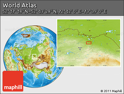 Physical Location Map of the Area around 52° 30' 23" N, 73° 10' 30" E
