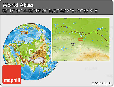 Physical Location Map of the Area around 52° 30' 23" N, 73° 10' 30" E