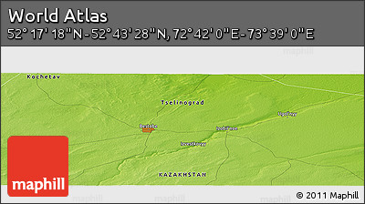 Physical Panoramic Map of the Area around 52° 30' 23" N, 73° 10' 30" E