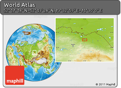 Physical Location Map of the Area around 52° 30' 23" N, 74° 1' 30" E