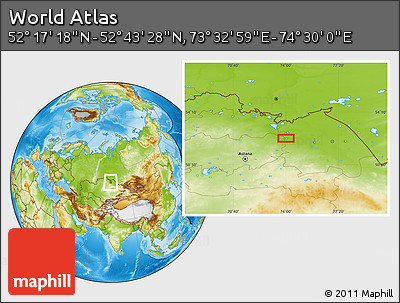 Physical Location Map of the Area around 52° 30' 23" N, 74° 1' 30" E