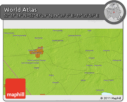 Physical 3D Map of the Area around 52° 30' 23" N, 79° 7' 30" E