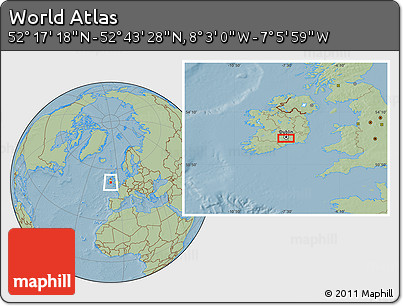 Savanna Style Location Map of the Area around 52° 30' 23" N, 7° 34' 30" W, hill shading