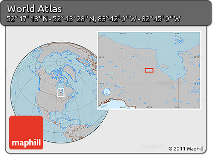 Gray Location Map of the Area around 52° 30' 23" N, 83° 13' 29" W, hill shading