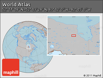 Gray Location Map of the Area around 52° 30' 23" N, 83° 13' 29" W, hill shading