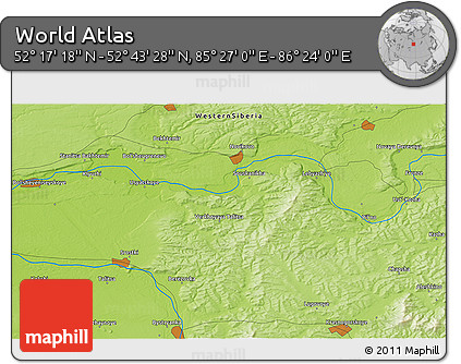 Physical 3D Map of the Area around 52° 30' 23" N, 85° 55' 30" E