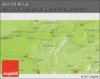 Physical 3D Map of the Area around 52° 30' 23" N, 85° 55' 30" E