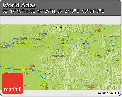 Physical 3D Map of the Area around 52° 30' 23" N, 85° 55' 30" E