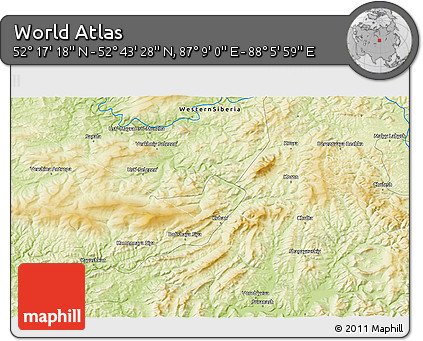 Physical 3D Map of the Area around 52° 30' 23" N, 87° 37' 30" E