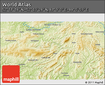 Physical 3D Map of the Area around 52° 30' 23" N, 87° 37' 30" E