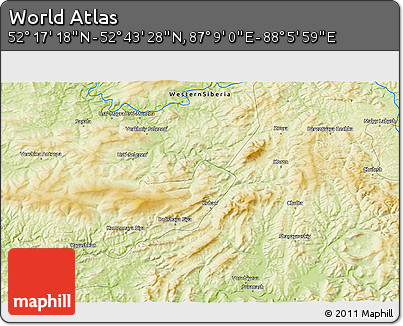 Physical 3D Map of the Area around 52° 30' 23" N, 87° 37' 30" E